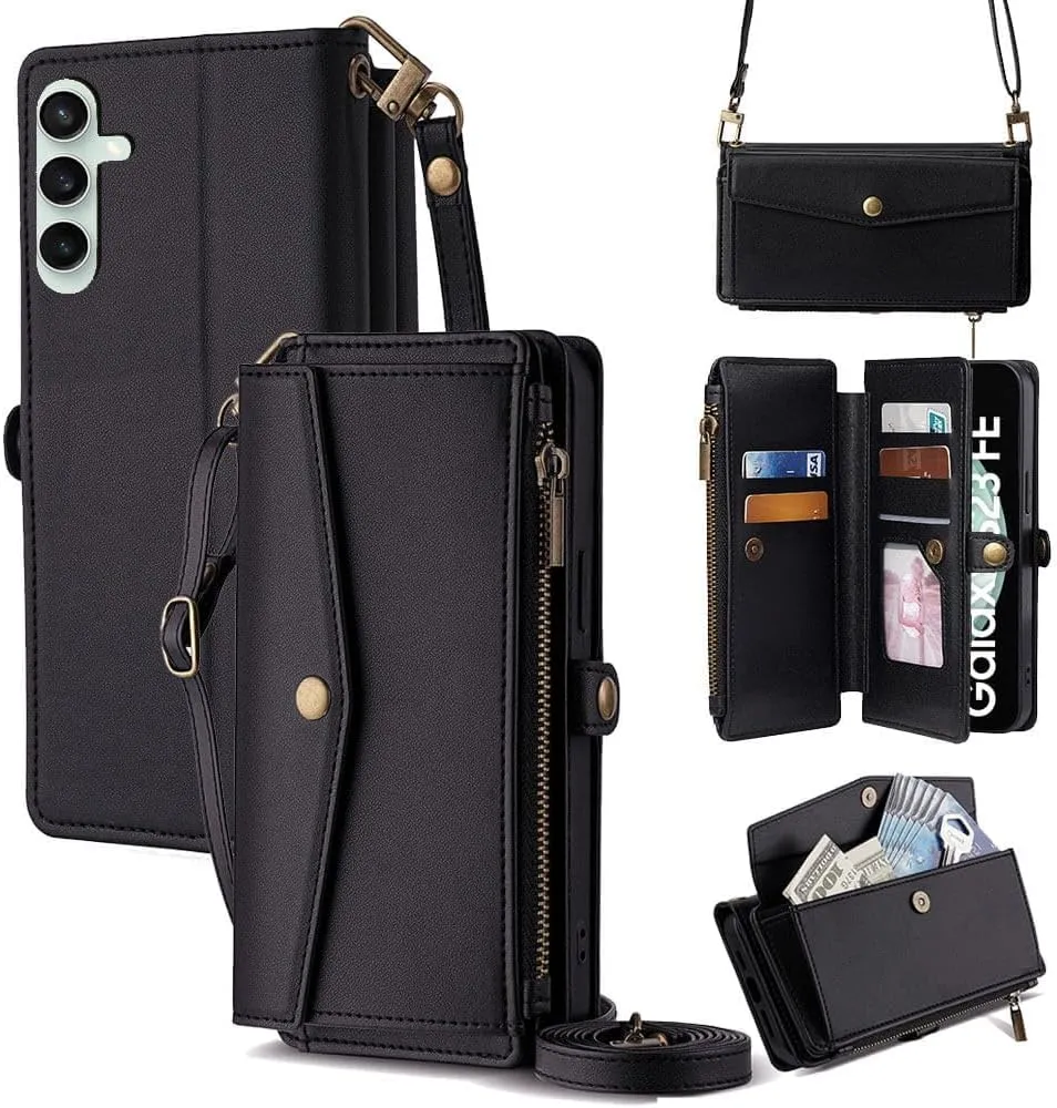 Leedia Crossbody Wallet Case for Galaxy S23 FE for Women, PU Leather Flip Case with [RFID Blocking] Card Holder, Zipper Handbag Magnetic Snap Wrist Strap for Samsung Galaxy S23 FE 6.4" Black