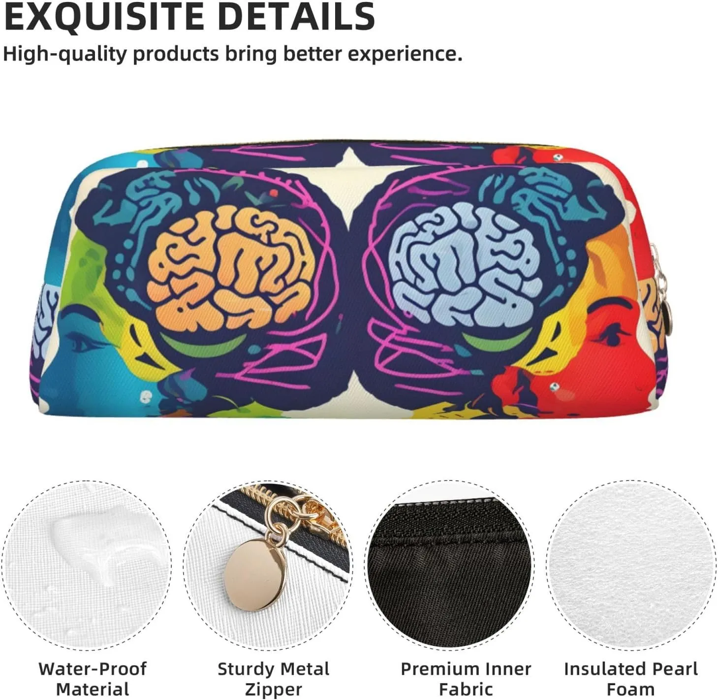 Left And Right Brain Advantage Print Large Capacity Pencil Case,Pencil Pouch With Zipper, Durable Leather Pen Bag For Office, Travel