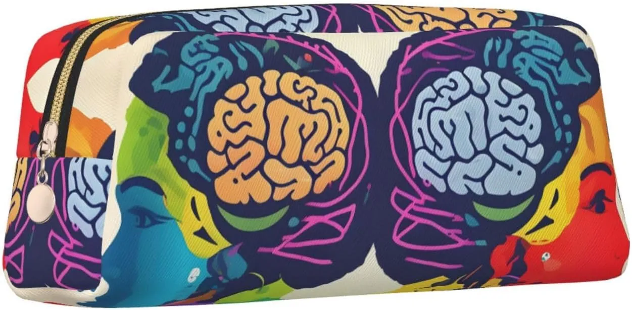 Left And Right Brain Advantage Print Large Capacity Pencil Case,Pencil Pouch With Zipper, Durable Leather Pen Bag For Office, Travel