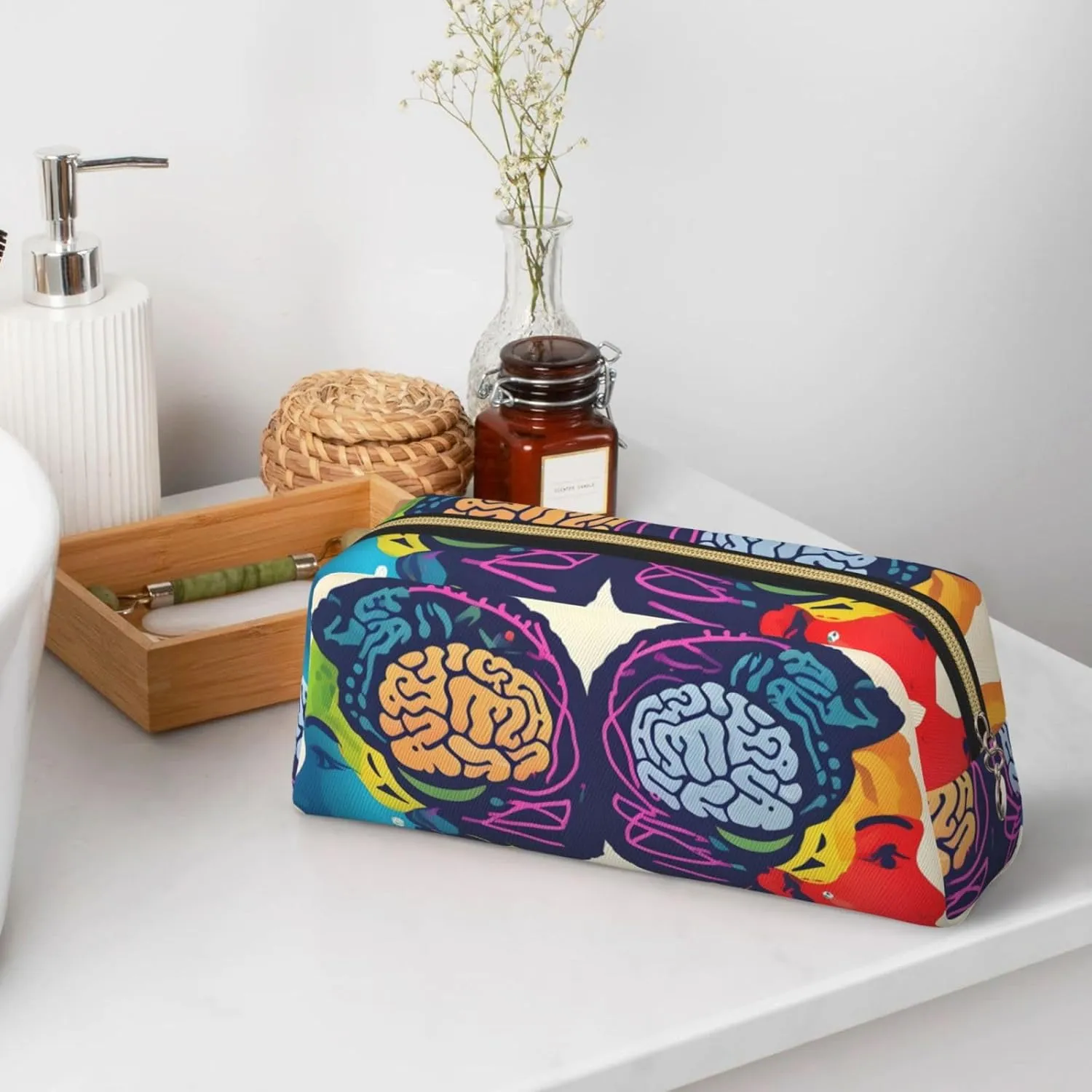 Left And Right Brain Advantage Print Large Capacity Pencil Case,Pencil Pouch With Zipper, Durable Leather Pen Bag For Office, Travel