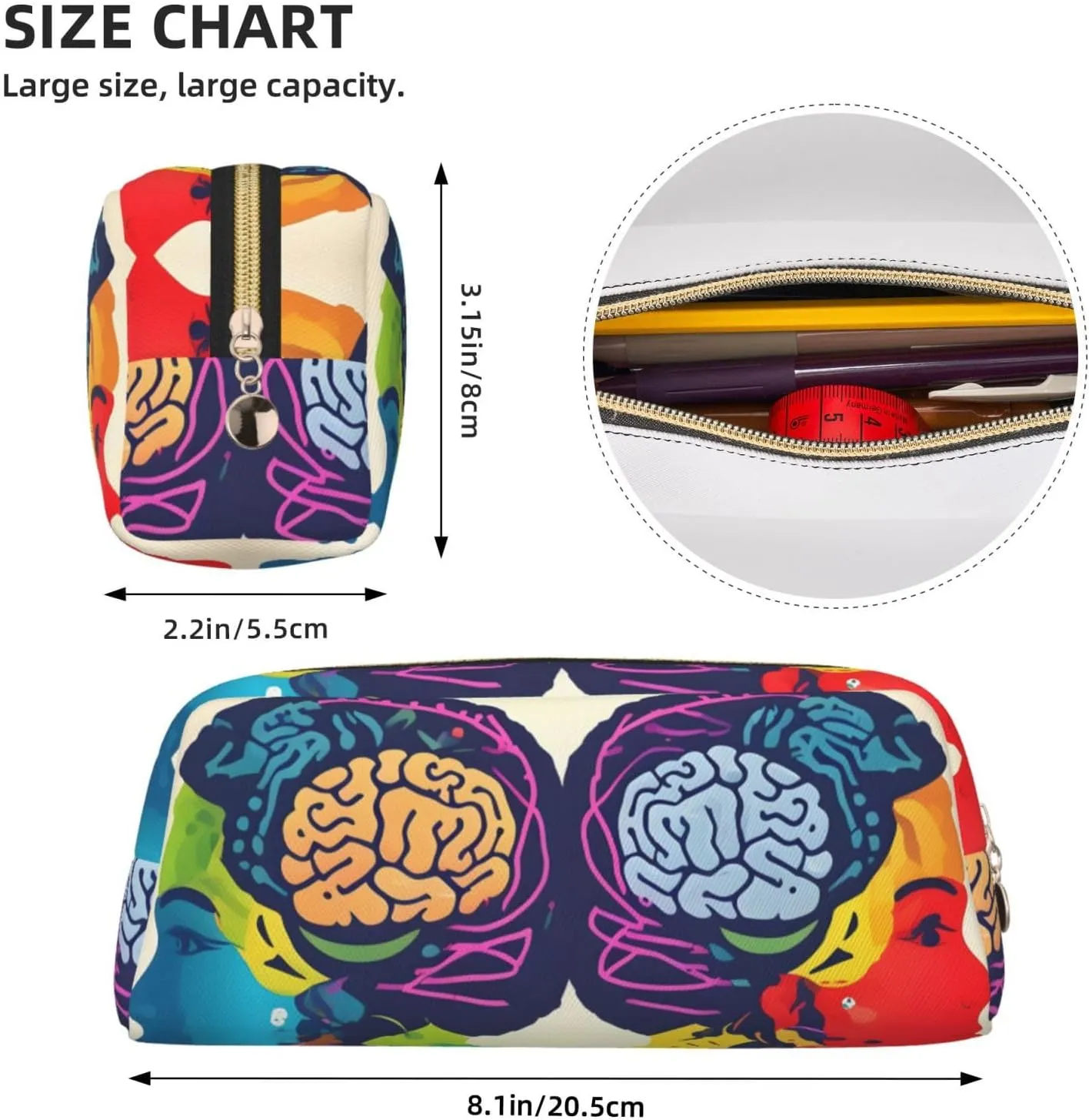 Left And Right Brain Advantage Print Large Capacity Pencil Case,Pencil Pouch With Zipper, Durable Leather Pen Bag For Office, Travel