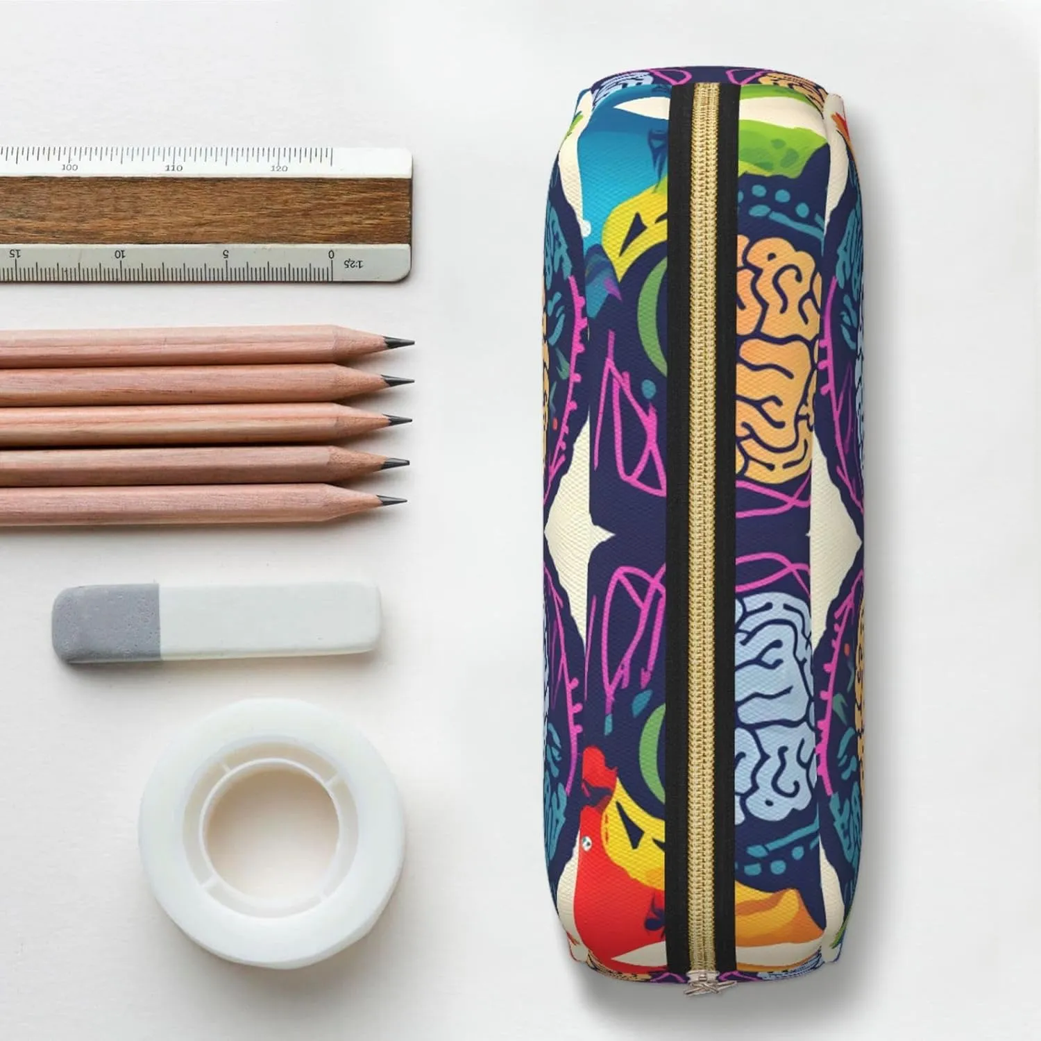 Left And Right Brain Advantage Print Large Capacity Pencil Case,Pencil Pouch With Zipper, Durable Leather Pen Bag For Office, Travel