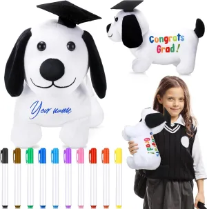 Lenwen 1 Pcs Graduation Autograph Stuffed Animal for Kids with 10 Pcs Colorful Fabric Markers Pens Congrats Grad Plush Autograph Stuffed Animal with Graduation Cap for Graduation Party Gift(Dog)