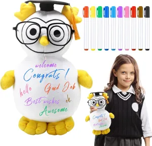Lenwen 1 Pcs Graduation Autograph Stuffed Animal for Kids with 10 Pcs Colorful Fabric Markers Pens Congrats Grad Plush Autograph Stuffed Animal with Graduation Cap for Graduation Party Gift(Owl)