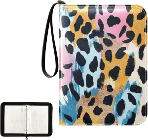Leopard Print Colorful Binder Card 4 Pocket Card Book Holder for Trading Cards Fits 400 Cards Zippered 3 Ring Binder Cards