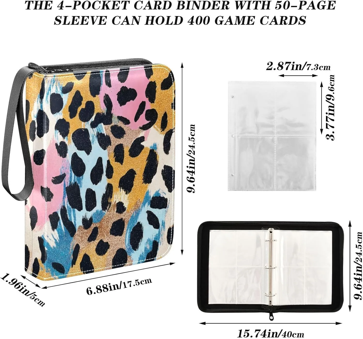 Leopard Print Colorful Binder Card 4 Pocket Card Book Holder for Trading Cards Fits 400 Cards Zippered 3 Ring Binder Cards