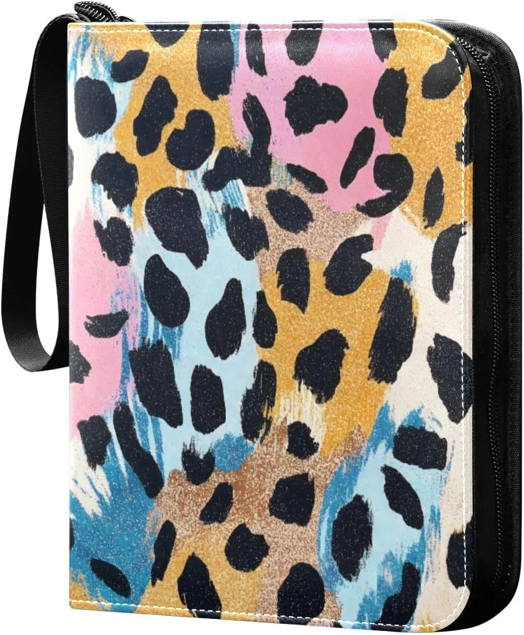Leopard Print Colorful Binder Card 4 Pocket Card Book Holder for Trading Cards Fits 400 Cards Zippered 3 Ring Binder Cards