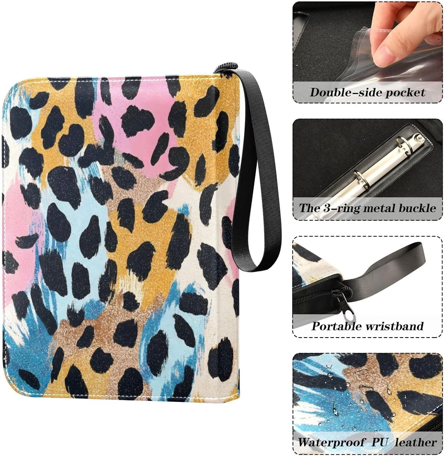 Leopard Print Colorful Binder Card 4 Pocket Card Book Holder for Trading Cards Fits 400 Cards Zippered 3 Ring Binder Cards