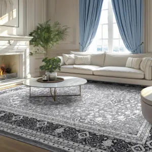 Lessymo 8 x 10 Area Rugs for Living Room, Machine Washable Area Rugs Boho Faux Wool Low Pile Area Rug for Bedroom, Floral Medallion Vintage Rugs with Non-Slip Rubber, Kid & Pet Friendly,Grey White