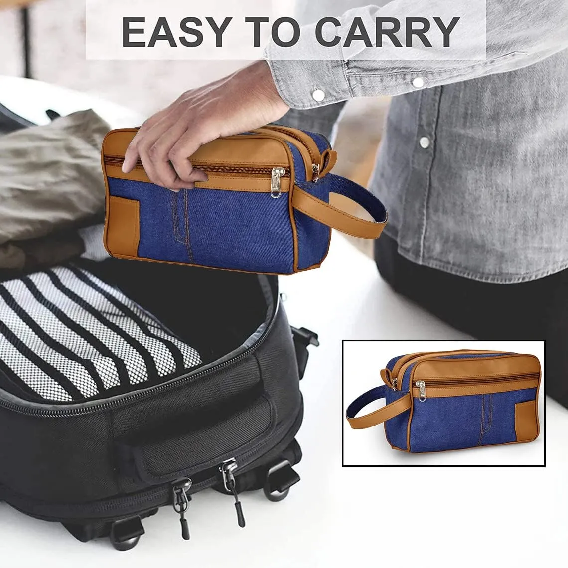 Liberty Leather - Canvas/Genuine Sheep Nappa Leather Unisex Luxury Toiletry Travel Bag | Bathroom Organizer with Multiple Compartments for Men and Women | Portable Cosmetic Case for Traveling Dopp Kit