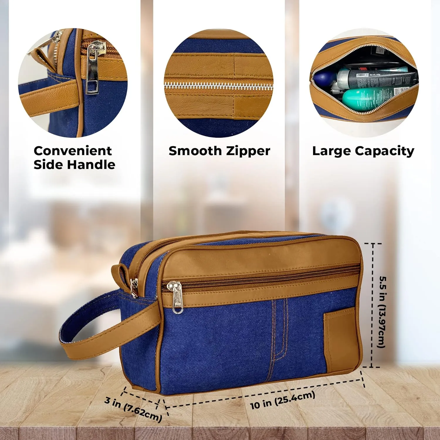 Liberty Leather - Canvas/Genuine Sheep Nappa Leather Unisex Luxury Toiletry Travel Bag | Bathroom Organizer with Multiple Compartments for Men and Women | Portable Cosmetic Case for Traveling Dopp Kit