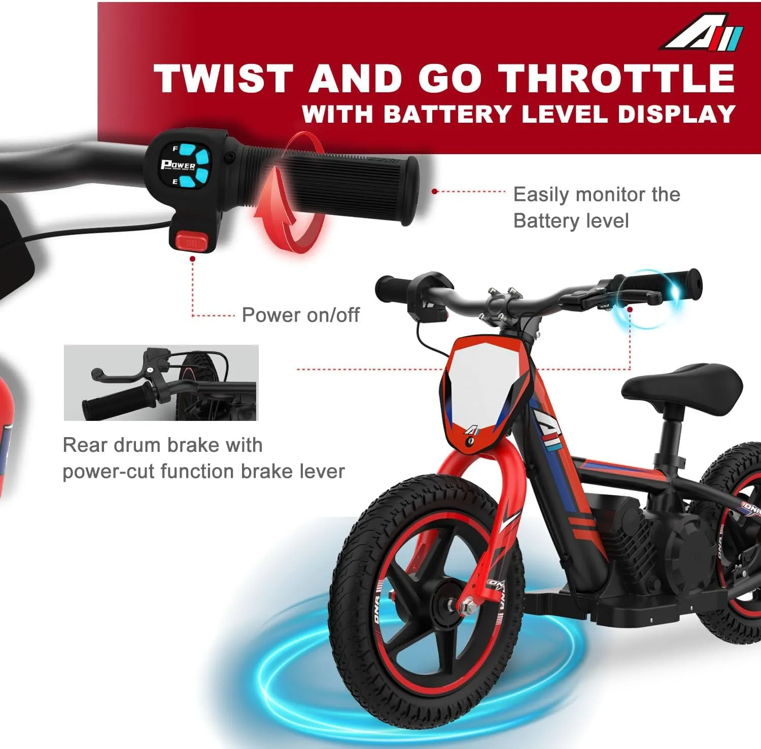 Lightweight Electric Dirt Bike for Kids, 170/340W Electric Motorcycle Up to 10/12MPH, 24V Detachable Battery, Hand-Operated Dual Brakes Electric Balance Bike for Ages 3-6/5-12