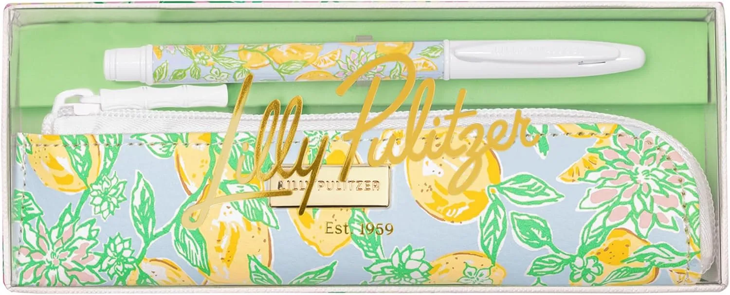 Lilly Pulitzer Metal Pen and Zipper Pouch Set, Black Ink Pen with Vegan Leather Pen Case (Make Lemonade)