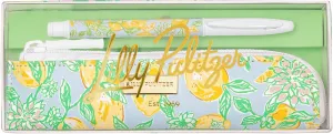 Lilly Pulitzer Metal Pen and Zipper Pouch Set, Black Ink Pen with Vegan Leather Pen Case (Make Lemonade)