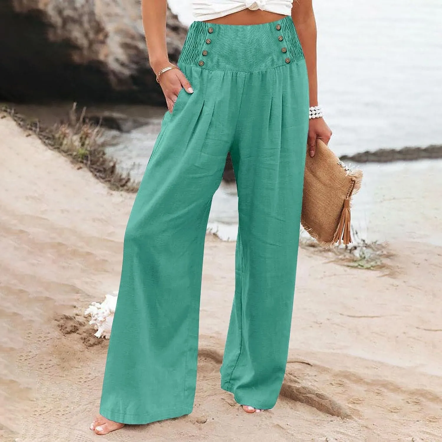 Linen Pants Women Summer High Waisted Cotton Linen Palazzo Pants Wide Leg Long Lounge Pants Work Trousers with Pocket