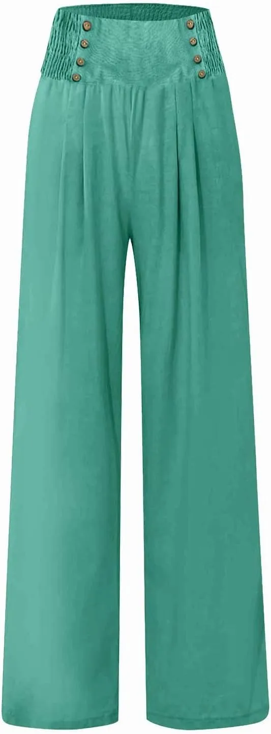 Linen Pants Women Summer High Waisted Cotton Linen Palazzo Pants Wide Leg Long Lounge Pants Work Trousers with Pocket