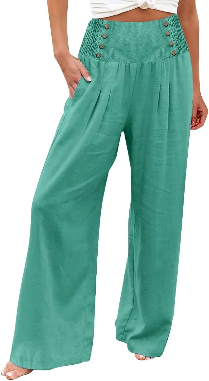 Linen Pants Women Summer High Waisted Cotton Linen Palazzo Pants Wide Leg Long Lounge Pants Work Trousers with Pocket
