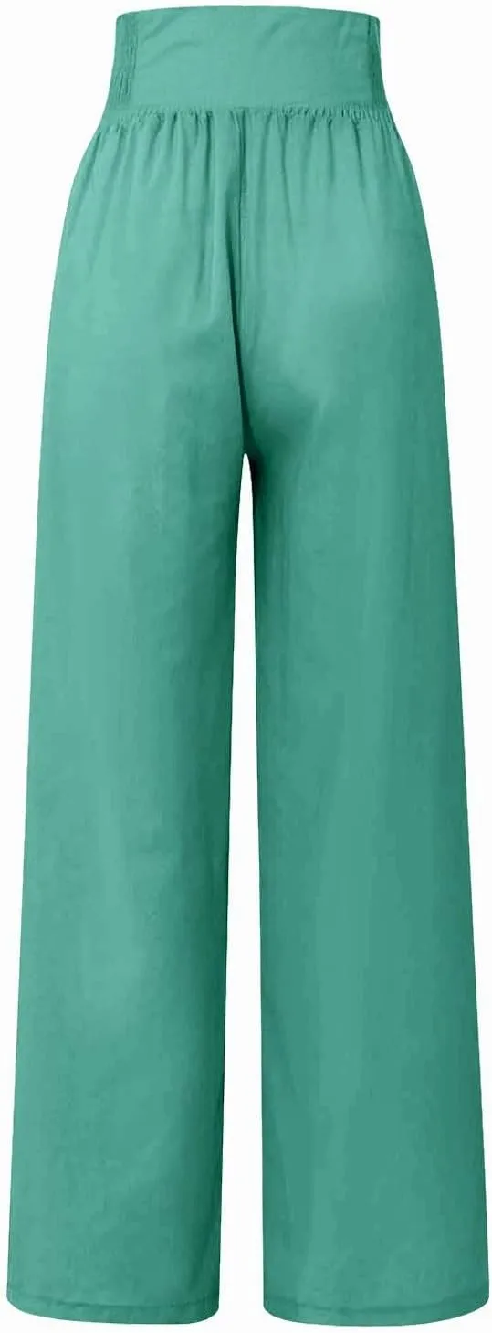 Linen Pants Women Summer High Waisted Cotton Linen Palazzo Pants Wide Leg Long Lounge Pants Work Trousers with Pocket