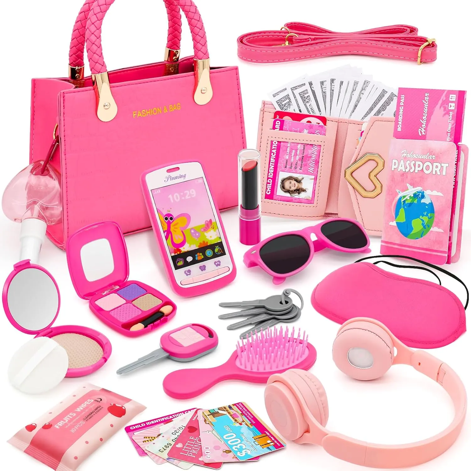 Little Girl Purse with Pretend Makeup for Toddlers, 49PCS Kids Play Purse Set - Princess Toy Accessories, Pretend Play Headset Wallet Phones Sunglasses Keys Credit Cards Birthday Gift for Girls Age 3 