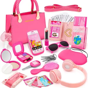 Little Girl Purse with Pretend Makeup for Toddlers, 49PCS Kids Play Purse Set - Princess Toy Accessories, Pretend Play Headset Wallet Phones Sunglasses Keys Credit Cards Birthday Gift for Girls Age 3 