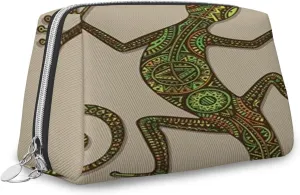 Lizard,Leather Large Makeup Bag Zipper Pouch,Ornamental Colorful Lizard Patterns,Travel Cosmetic Organizer for Women and Girls,Multicolor,S
