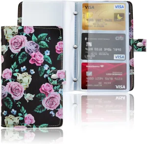 lizimandu Business Card Holder Book, Business Card Book Case PU Leather Organization Binder Name ID Card Holder for Men & Women, Up to 96 Cards Capacity(1-Black Rose)