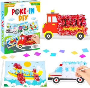 Lonfliness Poke-in Craft and Art Kit for Kids Transportation Vehicles Theme No-Mess Fabric Sewing Art for Girls Boy 4-12 Car Fabric Puzzle Puncture Painting Truck DIY Game Toy Gift for Birthday Party
