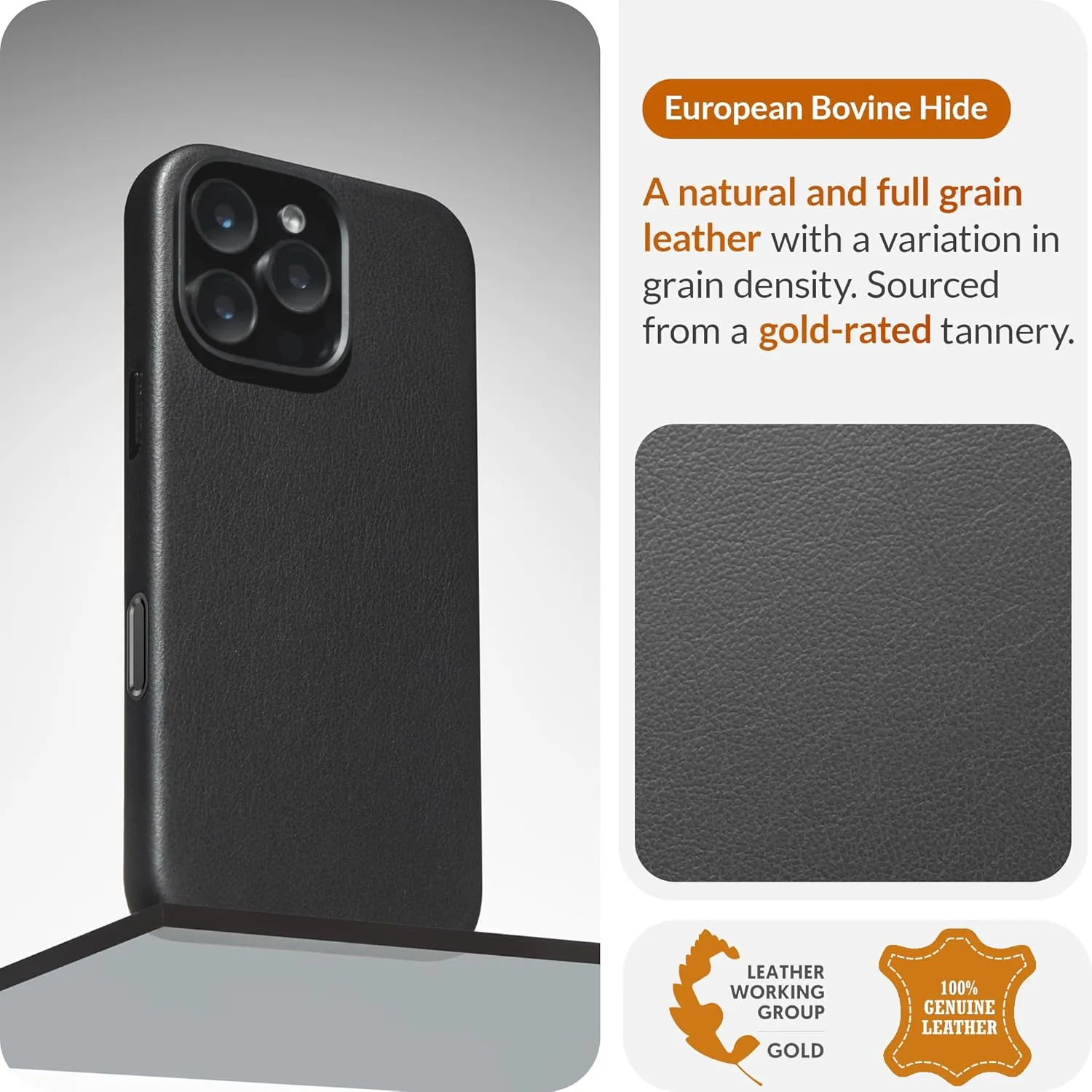 LONLI Classic - for iPhone 16 Pro Leather Case [Camera Control Button Coverage] - European Genuine Vele Leather Phone Case - Smoothen and Soften Over Time - [Compatible with Magsafe] - Black