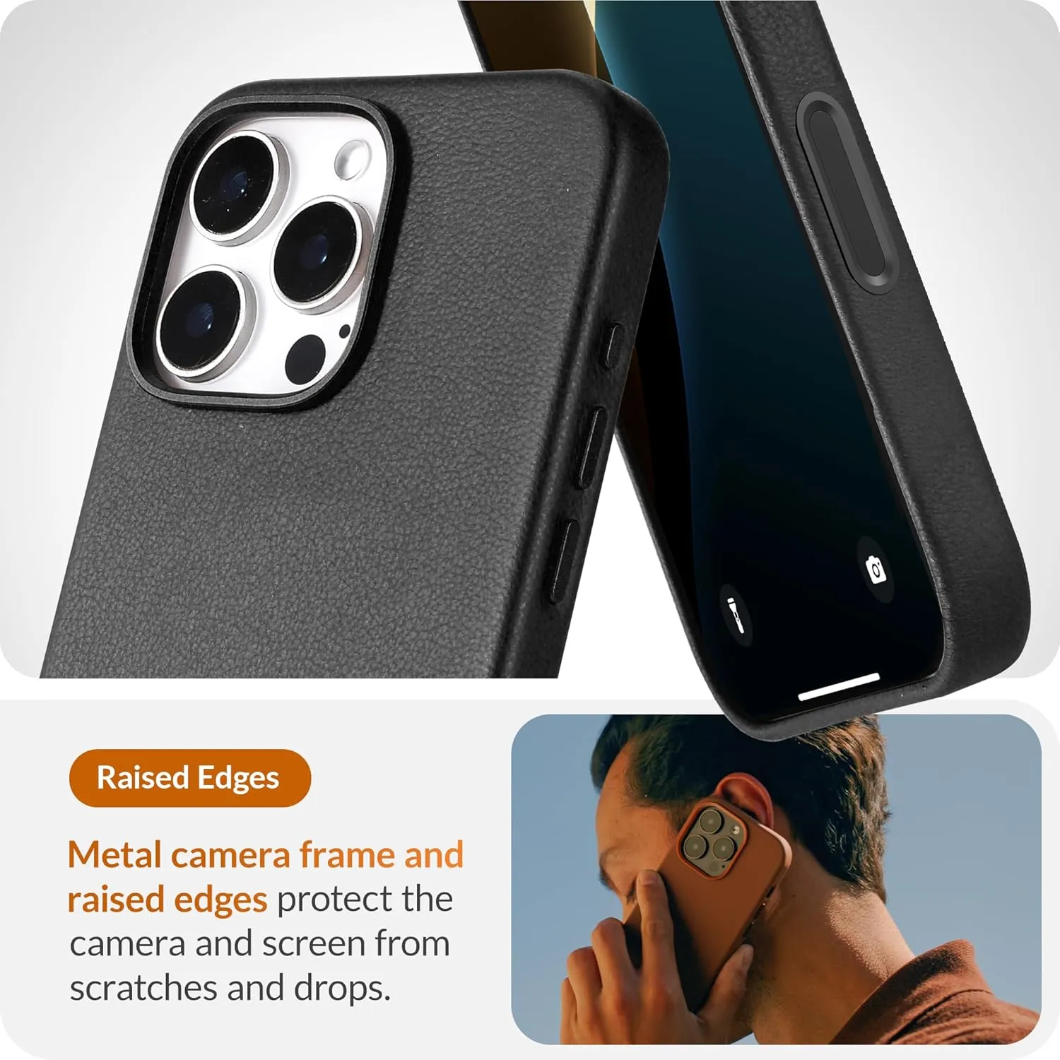 LONLI Classic - for iPhone 16 Pro Leather Case [Camera Control Button Coverage] - European Genuine Vele Leather Phone Case - Smoothen and Soften Over Time - [Compatible with Magsafe] - Black