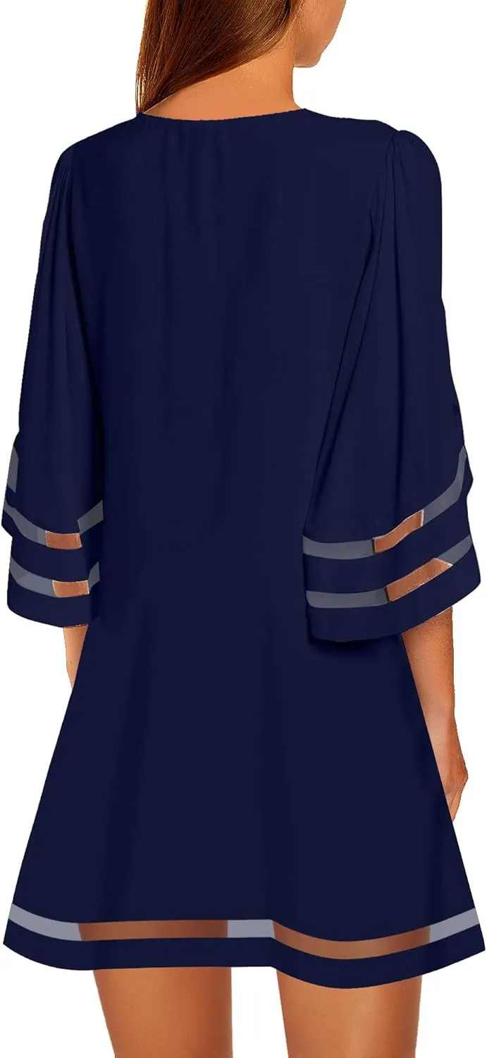 LookbookStore Women Casual Crewneck Mesh Panel 3/4 Bell Sleeve Loose Tunic Dress