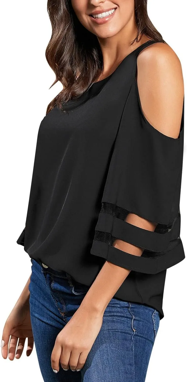 LookbookStore Women's Cold Shoulder Loose Shirt Tops 3/4 Bell Mesh Sleeve Blouse