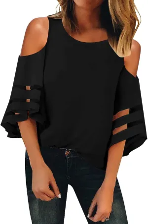 LookbookStore Women's Cold Shoulder Loose Shirt Tops 3/4 Bell Mesh Sleeve Blouse