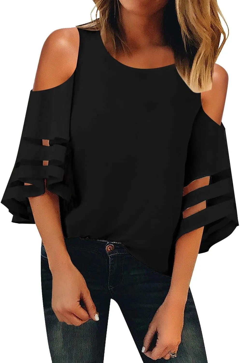 LookbookStore Women's Cold Shoulder Loose Shirt Tops 3/4 Bell Mesh Sleeve Blouse