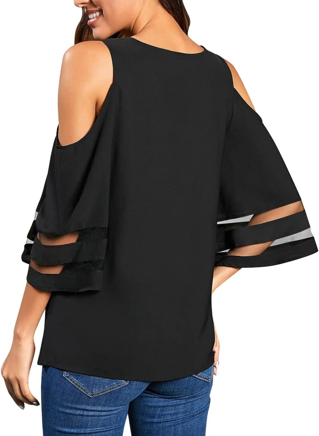 LookbookStore Women's Cold Shoulder Loose Shirt Tops 3/4 Bell Mesh Sleeve Blouse