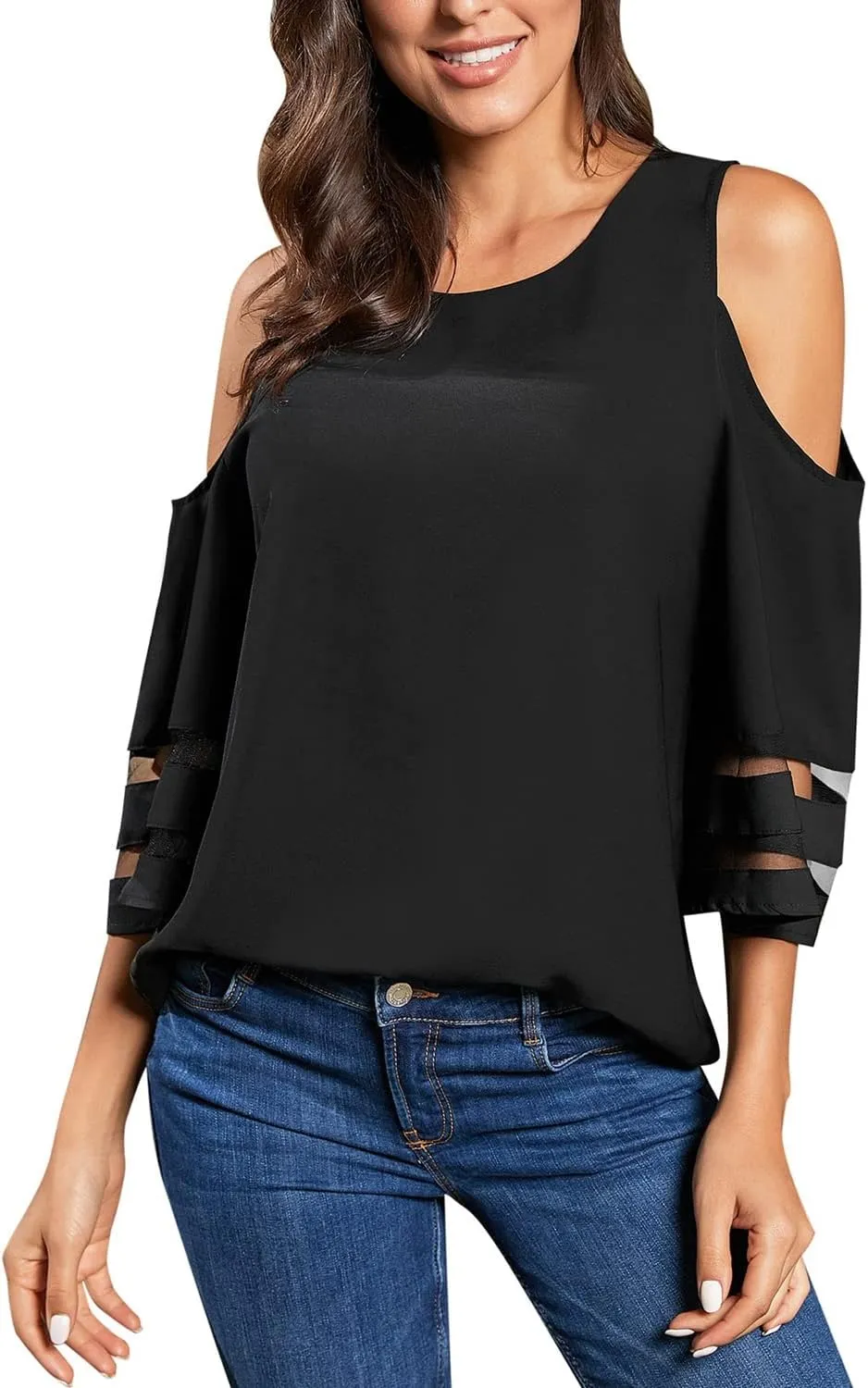 LookbookStore Women's Cold Shoulder Loose Shirt Tops 3/4 Bell Mesh Sleeve Blouse