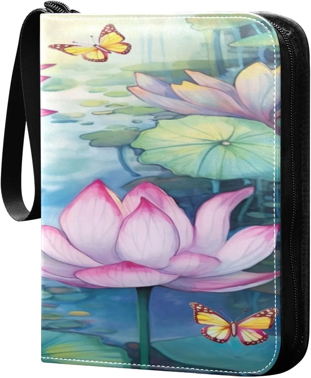 Lotus Painting Collectible Trading Card Albums,4-Pocket Card Binder with 50 Removable Sleeves with Zipper Game Card Collection Binder Album Holder