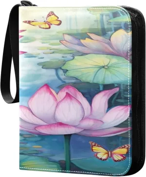 Lotus Painting Collectible Trading Card Albums,4-Pocket Card Binder with 50 Removable Sleeves with Zipper Game Card Collection Binder Album Holder