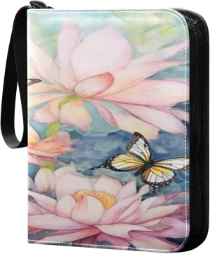 Lotus Painting Collectible Trading Card Albums,4-Pocket Card Binder with 50 Removable Sleeves with Zipper Game Card Collection Binder Album Holder