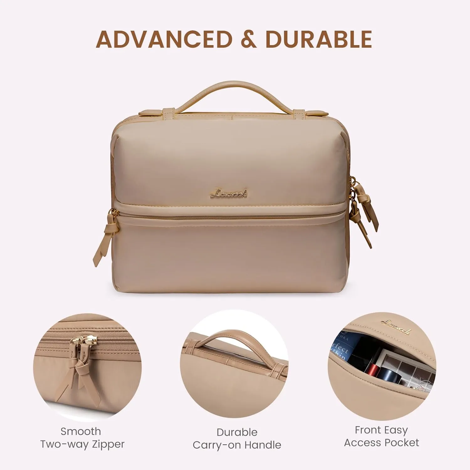 LOVEVOOK Travel Toiletry Bag With Hanging Hook for Women, Puffy Cosmetic Makeup Bag Organizer with Vegan Leather Handle for Accessories, Essentials, Toiletries, Khaki