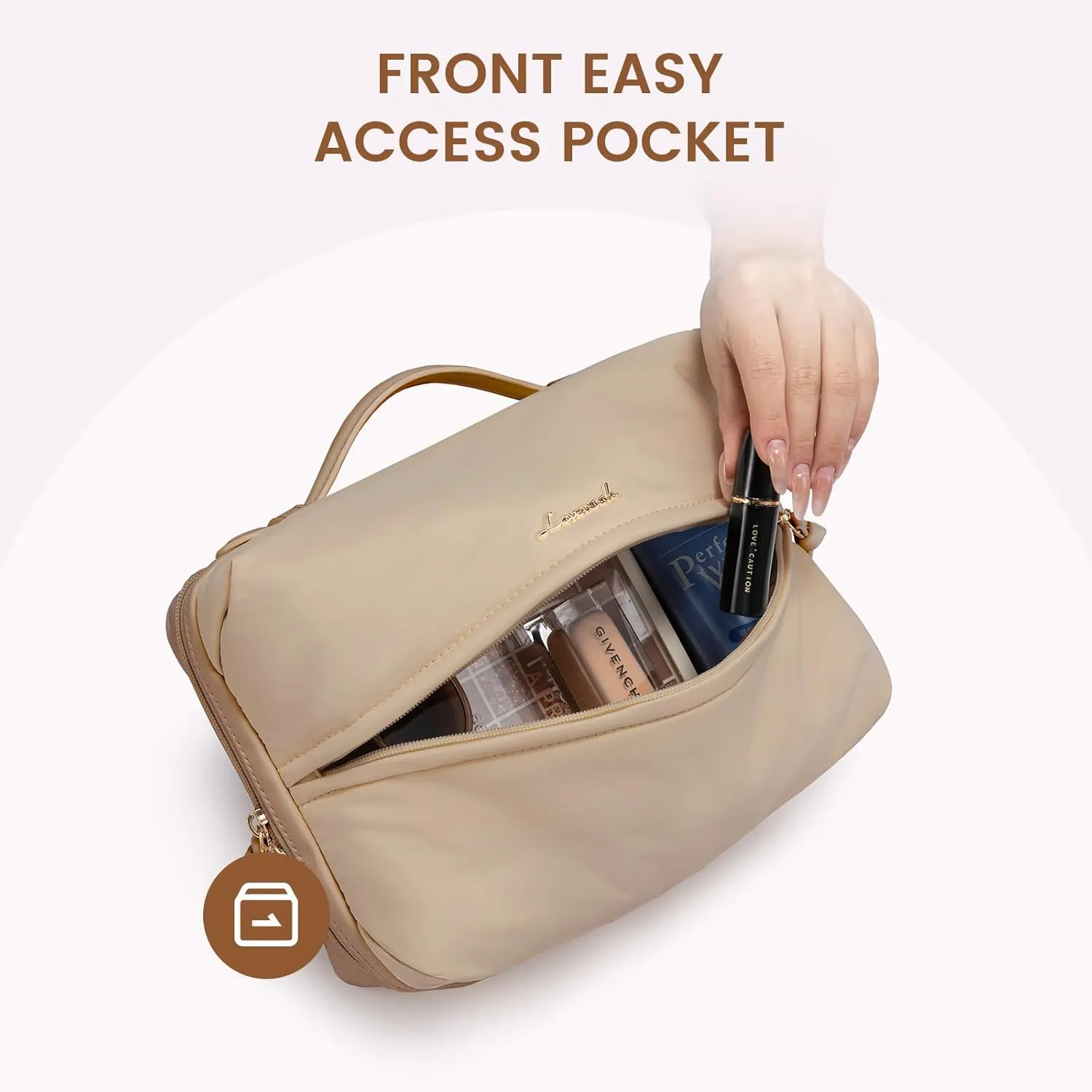 LOVEVOOK Travel Toiletry Bag With Hanging Hook for Women, Puffy Cosmetic Makeup Bag Organizer with Vegan Leather Handle for Accessories, Essentials, Toiletries, Khaki