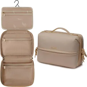 LOVEVOOK Travel Toiletry Bag With Hanging Hook for Women, Puffy Cosmetic Makeup Bag Organizer with Vegan Leather Handle for Accessories, Essentials, Toiletries, Khaki