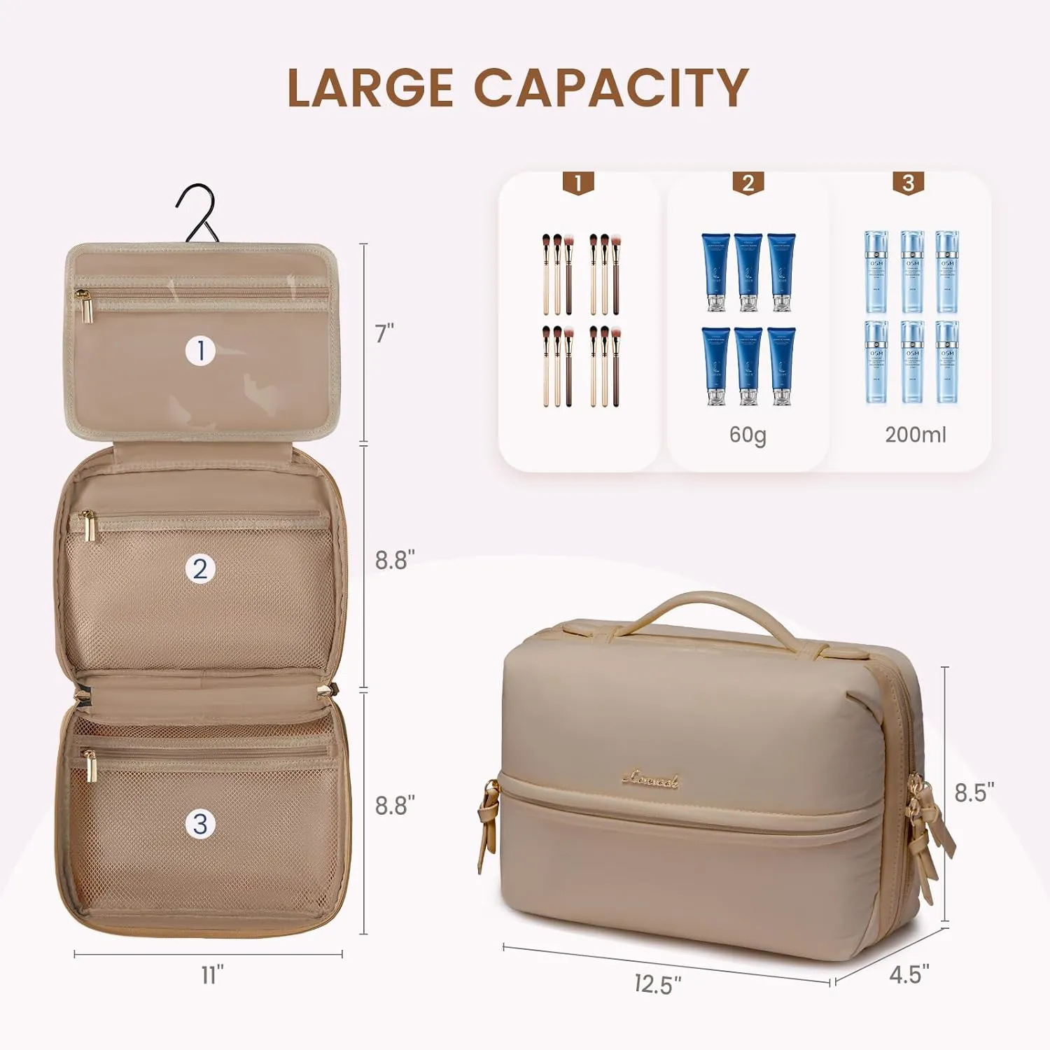 LOVEVOOK Travel Toiletry Bag With Hanging Hook for Women, Puffy Cosmetic Makeup Bag Organizer with Vegan Leather Handle for Accessories, Essentials, Toiletries, Khaki