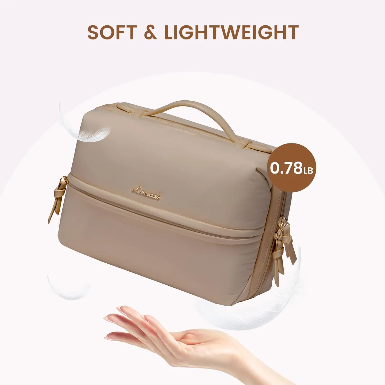 LOVEVOOK Travel Toiletry Bag With Hanging Hook for Women, Puffy Cosmetic Makeup Bag Organizer with Vegan Leather Handle for Accessories, Essentials, Toiletries, Khaki