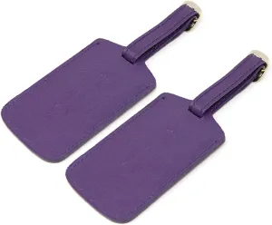 Luggage Tag Genuine Leather Travel ID Tags with Adjustable Leather Strap, Address Card and Privacy Cover, Purple, Set of 2