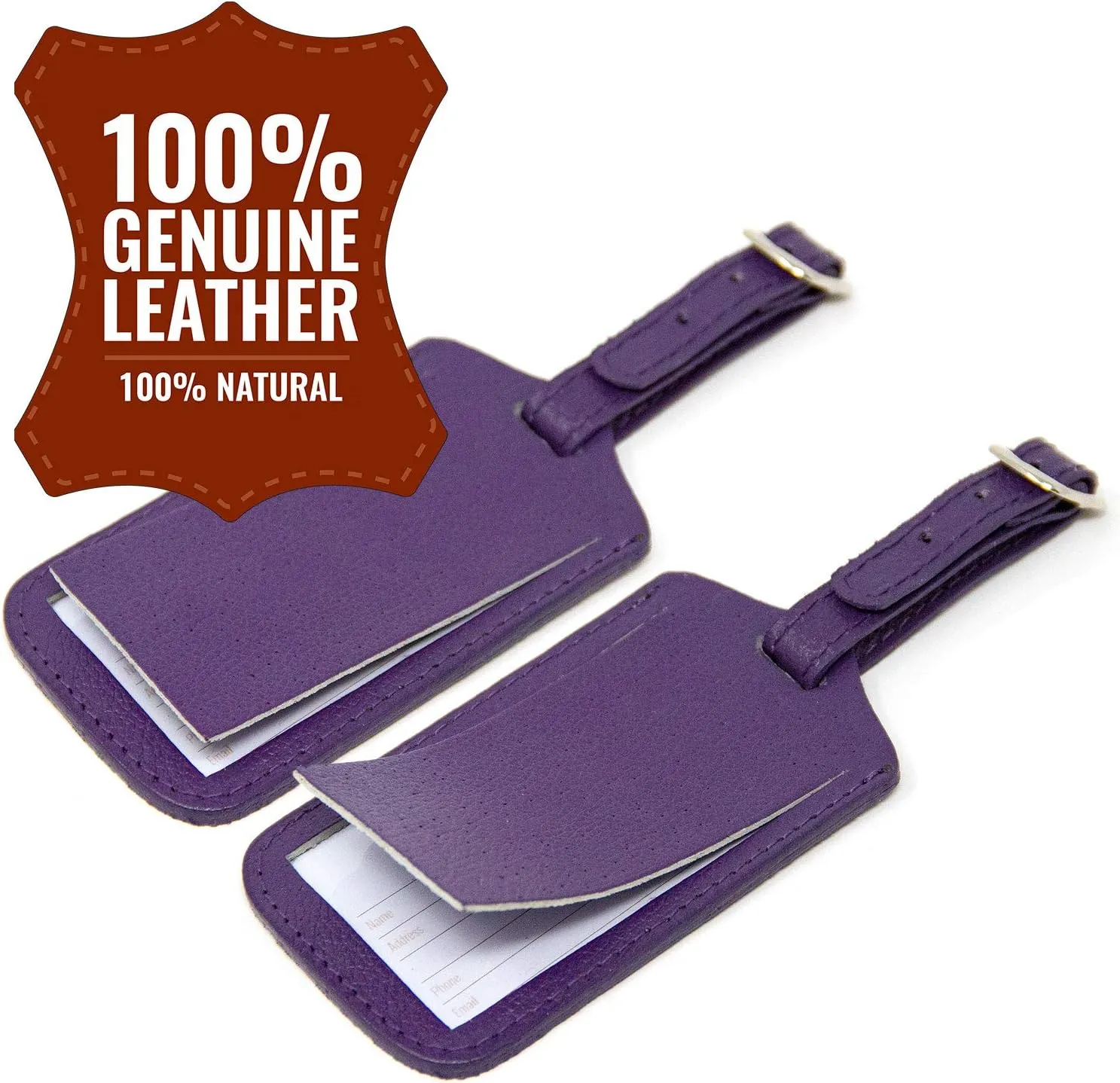 Luggage Tag Genuine Leather Travel ID Tags with Adjustable Leather Strap, Address Card and Privacy Cover, Purple, Set of 2