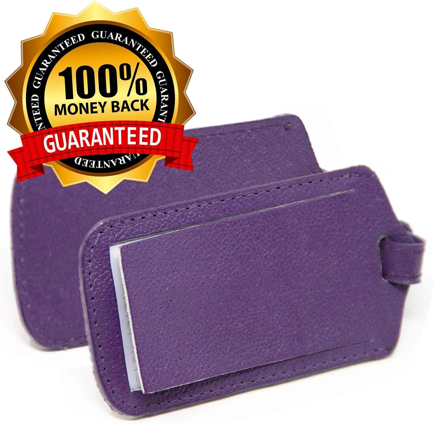 Luggage Tag Genuine Leather Travel ID Tags with Adjustable Leather Strap, Address Card and Privacy Cover, Purple, Set of 2