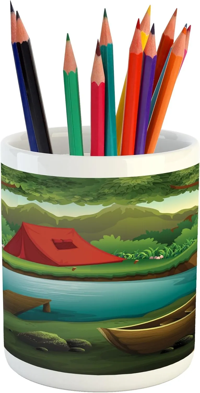 Lunarable Camping Pencil Pen Holder, Idyllic Nature Scene of a Deep Forest with Lake and Mountains Cartoon Woodland, Printed Ceramic Pencil Pen Holder for Desk Office Accessory, Multicolor