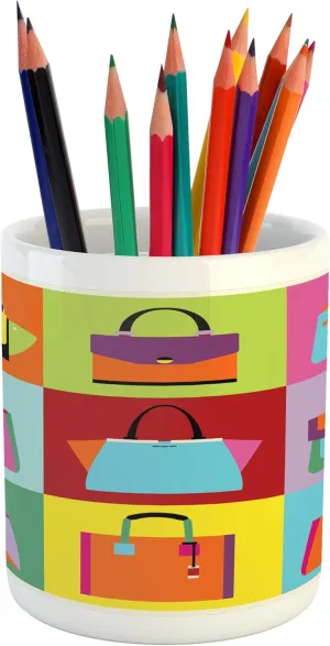 Lunarable Fashion Pencil Pen Holder, Pop Art Style Flat Design Woman Handbag and Purse Composition with Colorful Tiles, Printed Ceramic Pencil Pen Holder for Desk Office Accessory, Multicolor