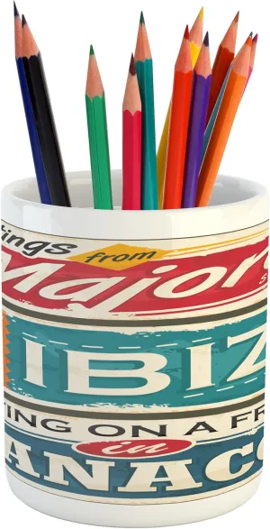 Lunarable Ibiza Pencil Pen Holder, Vacation Themed Majorca Ibiza and Manacor Exotic Places from Balear Region Spain, Printed Ceramic Pencil Pen Holder for Desk Office Accessory, Multicolor