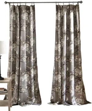 Lush Decor Botanical Garden Curtains Floral Bird Print Light Filtering Window Panel Drapes Set for Living, Dining, Bedroom (Pair), Gray, 52"W x 95L"